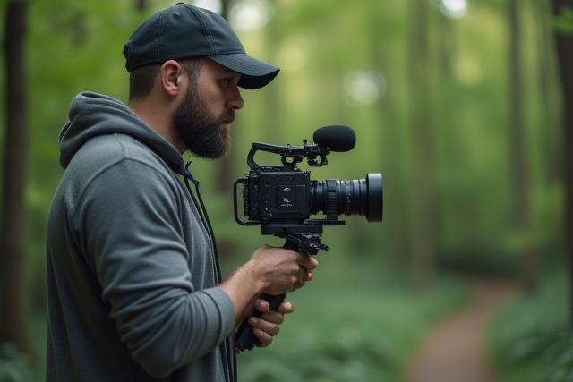 Cinematic Videoproduktion von Nibel River: Ein Kameramann filmt eine Szene mit einem Gimbal im Freien bei natürlichem Licht, Fokus auf Storytelling.