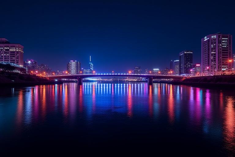 Fotografie: Urbane Flusslandschaft bei Nacht mit Lichterreflexionen