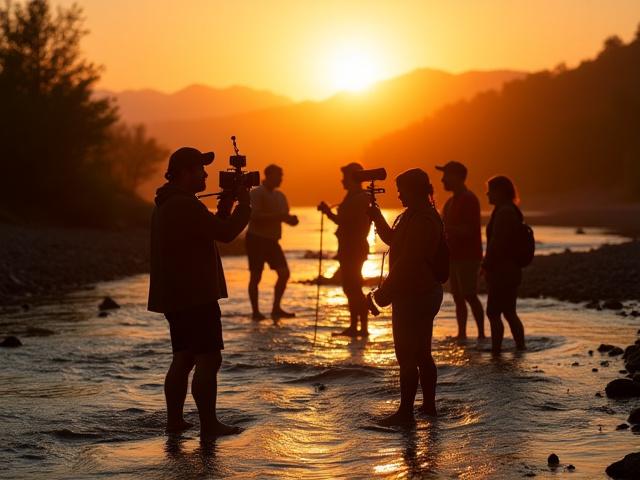 Nibel River Team in natürlichem Flussbett bei Sonnenuntergang